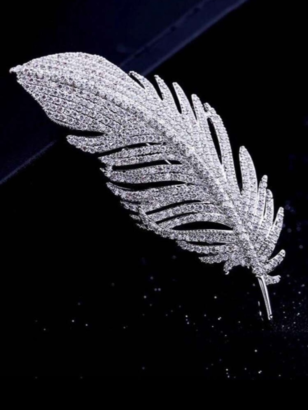 Crystal Pave Feather Brooch - Silver Tone